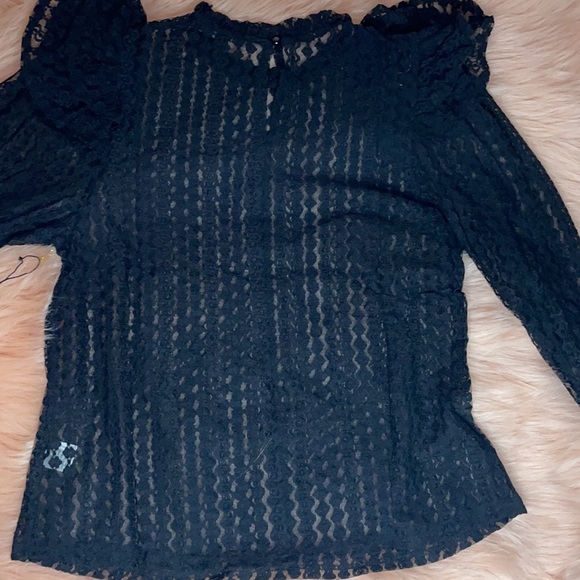 New Trendy Brick Color Sheer Crochet Mock Neck Long Sleeve Blouse - Picture 13 of 17